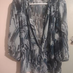 Woman's Banana Republic Sheer Black and Teal Print Blouse size XL